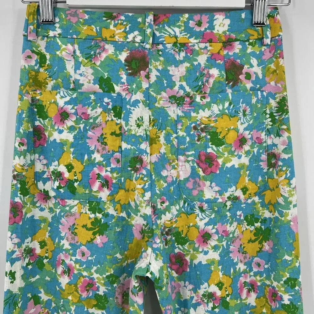 Zara Women's Size 2‎ Floral Linen Blend Mini Flare Trouser Pants Cropped NWT